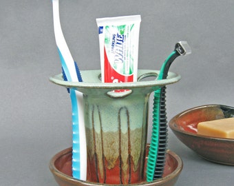 Toothbrush Holder Shaving Razor Stand Large Capacity 6 Slots Iron Red and Green Glaze EACH ONE UNIQUE
