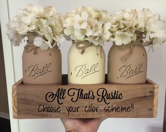 Creamy Neutral Toned Mason Jar Centerpiece, Neutral Mason Jars, Rustic Home Decor, Rustic Centerpiece, Mason Jar Decor, Painted Mason Jars