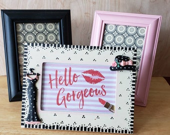 Vintage Picture Frames, Girly Picture Frames, Set of 3 Frames, Girls Decor, Bedroom Decor, Pink Black and White Frames