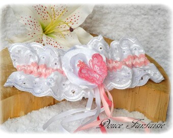 Liga en encaje mariposa rosa y blanco hecho a mano original romántico de la boda Satén nupcial accesorios