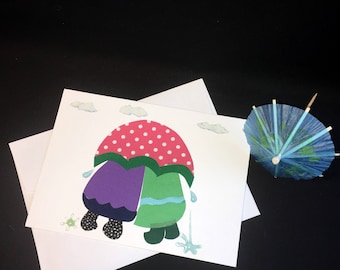Springtime note card, rainy day card, friendship card, OOAK card