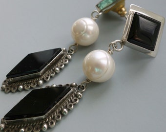 Mexican Vintage Onyx and Sterling Pearl Earrings
