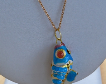 Aqua Blue Cloisonne Koi Fish Necklace, 24", Vintage (TB305)