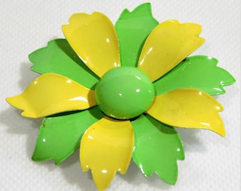 Vintage Lemon Yellow & Lime Green Enamel Flower Brooch