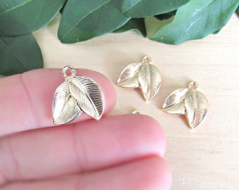 Gold Leaf Charms, set of 5, tree leaf charms, gold double leafs, nature charms, tree leaf, metal leafs, small charms, golden leafs