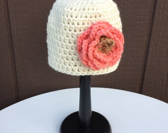 Crochet Newborn Baby Girl Hat, Infant Girl Hat with Flower, Newborn Photo Prop, Baby Beanie Hat, Baby Girl Shower Gift, Infant Hospital Hat