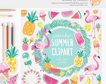 3 FOR 2. Watercolor Summer Clipart, Tropical Clipart, Beach Clip Art, Flamingo Clipart, Pineapple Clipart, Vacation, Food, Fruit, Ice Cream