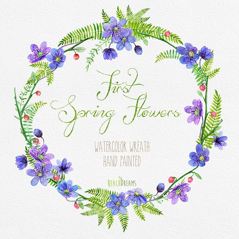 Download Watercolor Flower Wreath with First Spring Flowers. Individual