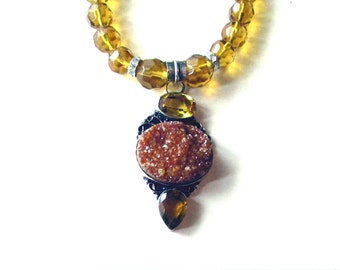 Citrine and Druzy Necklace, Drusy Necklace, Citrine and Druzy Pendant, Drusy Pendant, Sterling Silver Druzy Pendant and Glass Bead Necklace