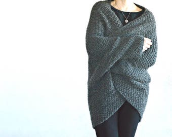 Grey long cocoon cardigan with kimono sleeves · exclusive oversized sweater hand knitted of wool & alpaca · cozy fall fashion · gift for her