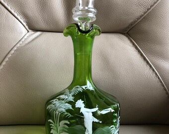 Mary Gregory Decanter Antique Victorian Green Fluted Glass Enamelled 19th Century