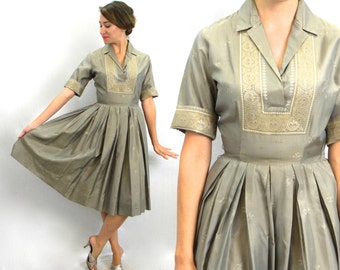 50s Taupe Silk Shirtwaist Dress | Gold Brown Dress | Small