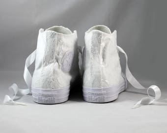 MonoChrome Lace High Top Converses --Bridal Converses -- Wedding Tennis shoes - Wedding Converse High Top-- Custom Converses