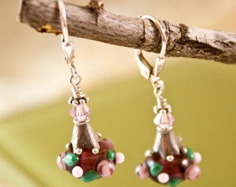 Purple Roses Lampwork Earrings crystal and sterling dangle sweet small