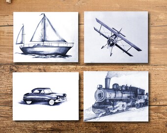 Boy Room Decor, Boy Room Wall Art, Boys Room Nursery Art, Boy Room Art, Boy Nursery Decor, Boy Nursery Art, Blue, Train, Boat, Car, Plane