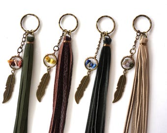 Boho Feather Keychain - Boho Leather Tassel Keychain - Hippie Keychain - Bohemian Feather Keyring - Gemstone Chip Keychain - Feather Charm