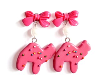 Pink Animal Cookie Earrings With Bows Rockabilly Pin Up Earrings Kawaii Frosted Animal Cookie Charms Kitsch Jewelry