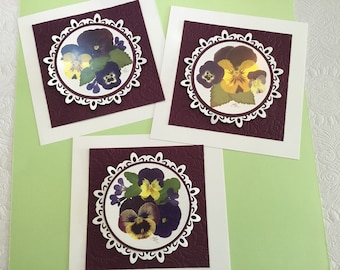 Pansy Artwork, Set of Three Pansy Prints Matted and Ready for Framing, White Die Cut Circular Mat on top of Backberry Embossed Mat