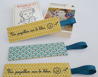 Bookmark in yellow, blue and white fabric - handmade