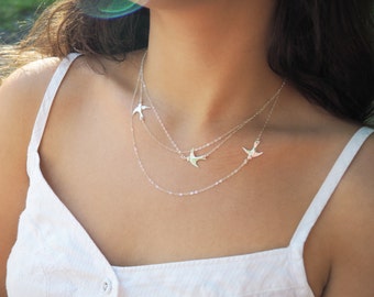 Sterling Silver Flying Birds Necklace, Three Layered Necklace, Available in Sterling Silver, Gold Filled and Rose Gold Vermeil