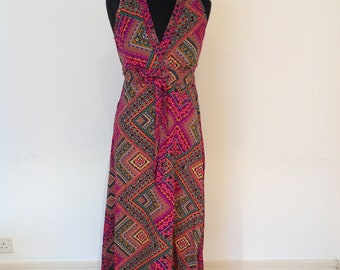 Patterned satin/silk dress, long summer dress, hippie dress, vacation wear, beach dress.