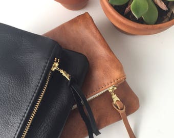 Bridesmaid Gift // Brown Leather Foldover Clutch // Evening Clutch // Leather Bag