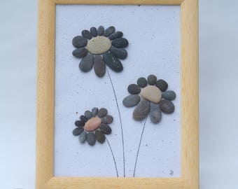 Pebble art, flowers decor, pebbles art, framed picture
