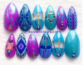 Purple blue and teal art deco nail art with real opal 3d press on nails