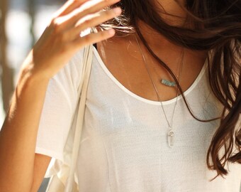 Gold Layer Necklace, Aquamarine & Quartz Point Gemstone Set