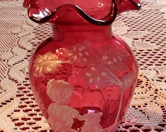 FENTON CRANBERRY VASE Mary Gregory Boy and Dog #3249 M8 218/2350