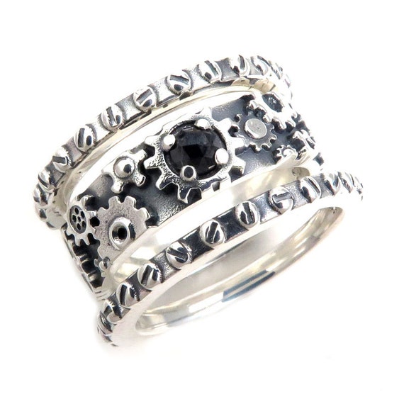 Stacking Steampunk Ring with Rose Cut Black Diamond