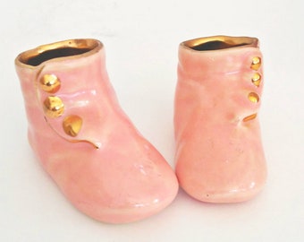 Vintage Pink and Gold Hand Painted Porcelain Baby Booties Mid Century Style