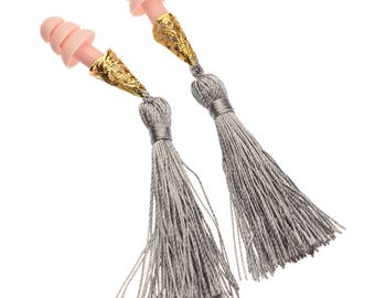 Breakfast at Tiffany's Inspired Tassel Earplugs in Grey and Pink
