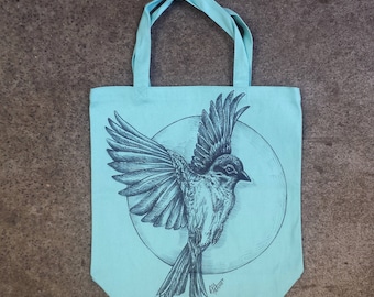 Custom Bird Hand Drawn Blue Tote Bag Art Signed