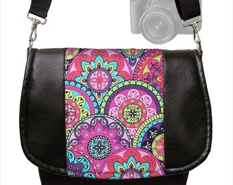 Womens SLR Camera Bag Dslr Camera Bag Purse Vegan Black Leather Pink Paisley purple teal Zipper Padded Deluxe Model RTS