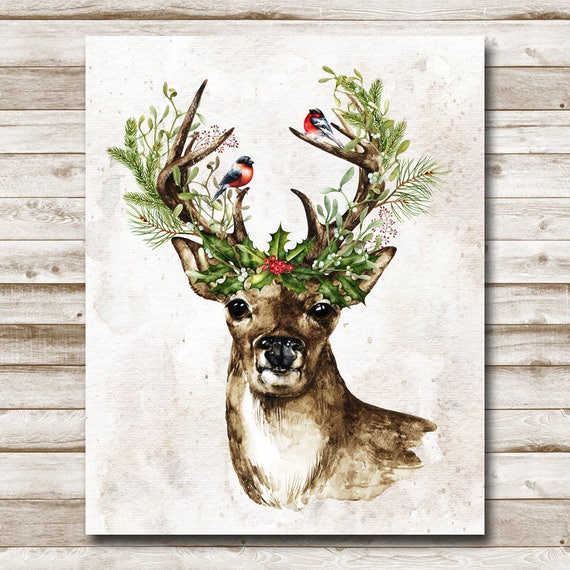 Download Winter Woodland Deer Printable Christmas Holly Home Decor