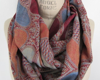 Paisley infinity scarf Pashmina neck wrap Maroon Blue cowl warm winter loop elegant accessory boho chic muffler Bespoke infinity gift idea