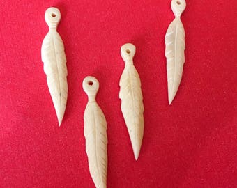Carved Bone Leaf Pendant Charm 1 1/2"-4pc