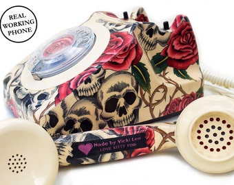 The Original Skulls & Roses Vintage Retro Rotary Phone RESTORED AND WORKING - Unique Home Decor
