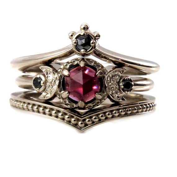 Black Diamond And Garnet Crown and Moon Engagement Ring Set - Gothic Victorian Fine Jewelry