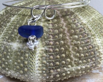 authentic cobalt blue sea glass and pearls silver adjustable bangle bracelet, cobalt blue sea glass, bangle, sea glass bracelet