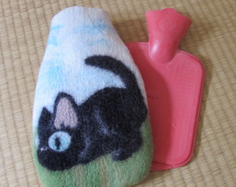 Felted black cat water bottle, Kitten hot water bag , Cat hot water bottle, Felted wool hot water bag, Natural felted cover hot water bag
