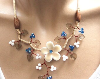 Beige blue and white floral
