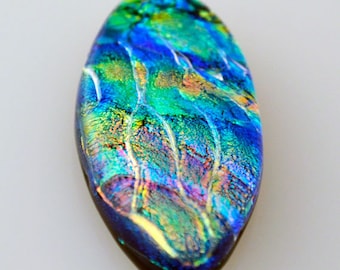 16 mm x 32 mm Fused Dichroic Cabochon With Multiple Layers of Vivid Blue, Copper, Green & Gold Colors, Marquis Cabochon