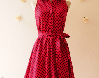 SALE Polka Dot Dress Shirt Dress Red Black Dot Party Dress Red Summer Dress Bridesmaid Dress Shirt Vintage Inspired Sundress -Size XL