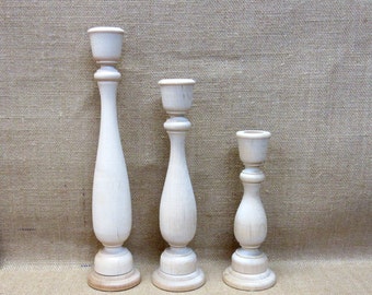 Wooden Candle Holders / Candlesticks 11, 9, 6-3/4 Inches Tall Lot Of 3