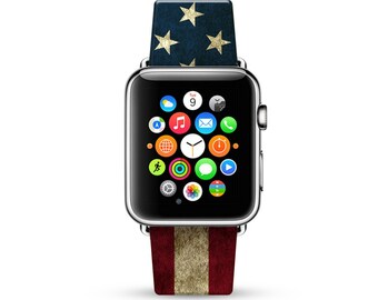 Apple Watch Band 38mm, 42mm for Series 1, 2 & series 3 Apple Watch Strap Calf Leather Wrist Band with Metal Adapter, USA Flag United State