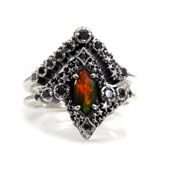 Black Opal Stardust Engagement Ring Set with Black Diamonds - Sterling Silver- Pick Your Center Stone