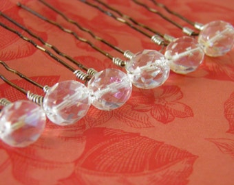 6 Czech 10mm Crystal Clear AB Hair Pins