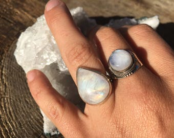 Goddess Rainbow Moonstone Ring ~ Two Tone-Rainbow Moonstone 925 Sterling Silver Ring Jewelry Size-6.5